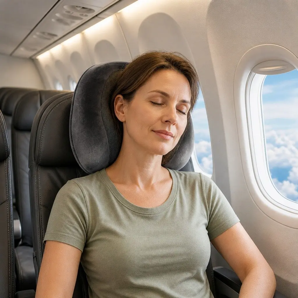 Travel Neck Pillow Memory Foam Grey Portable for Airplane Car Office Use