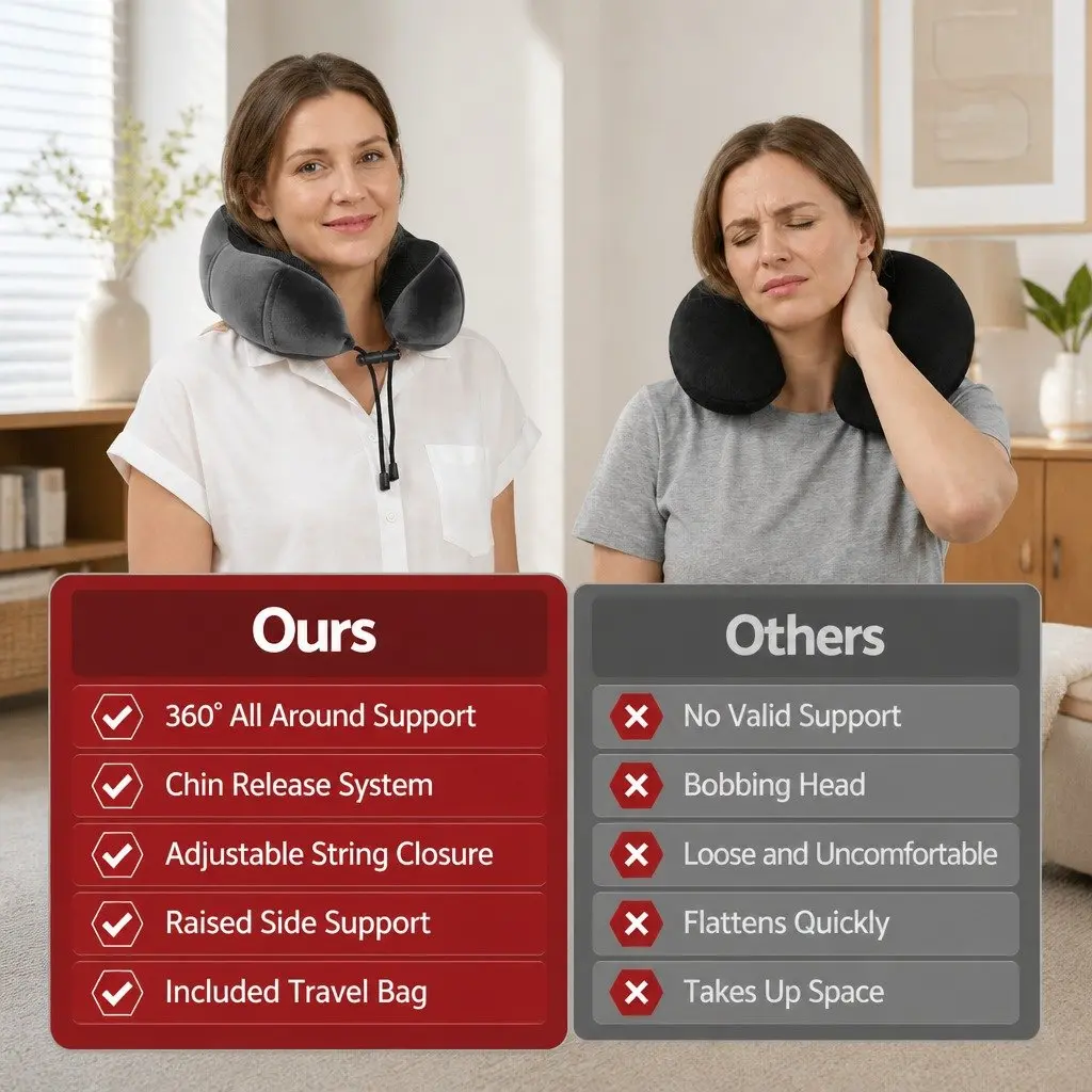 Travel Neck Pillow Memory Foam Grey Portable for Airplane Car Office Use