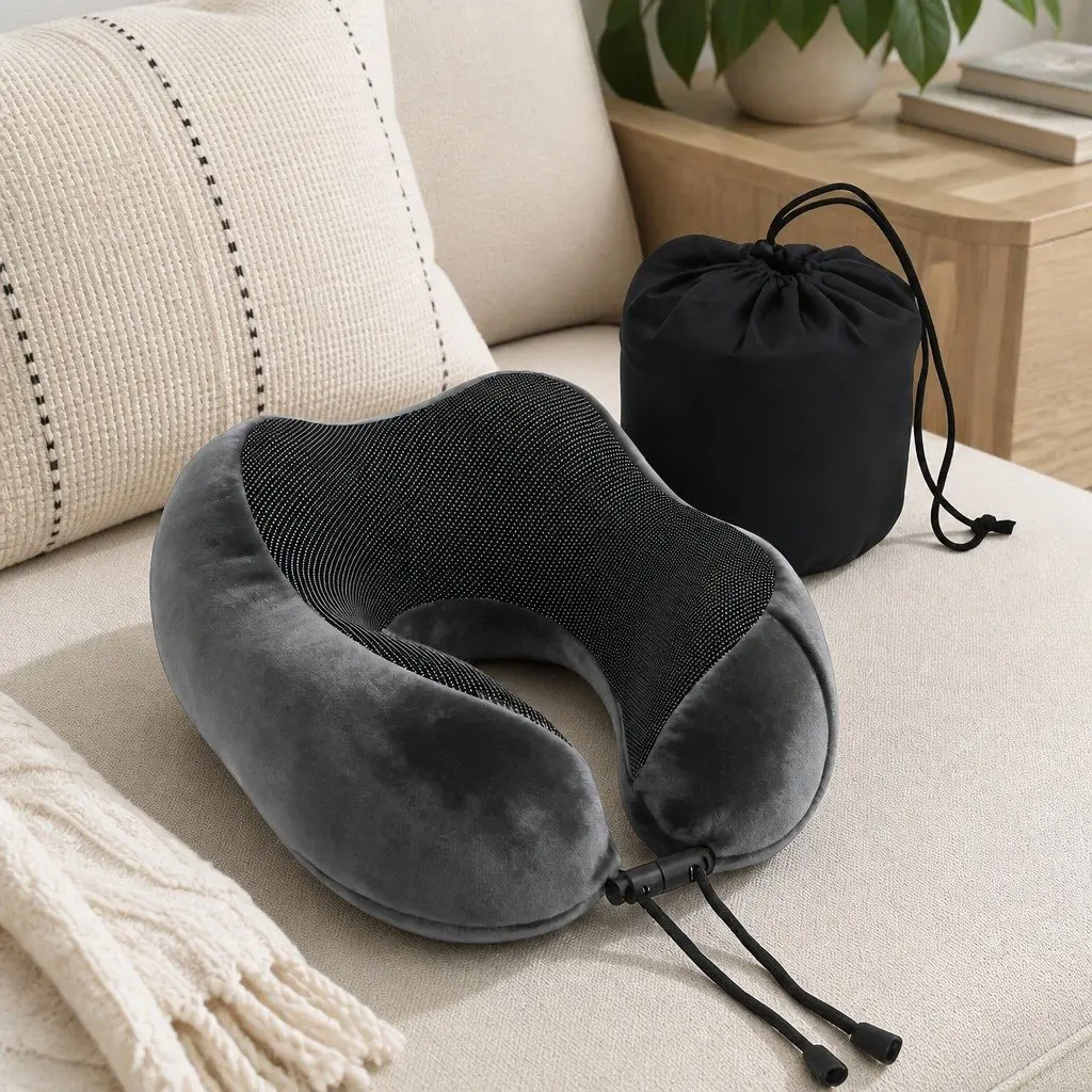 Travel Neck Pillow Memory Foam Grey Portable for Airplane Car Office Use