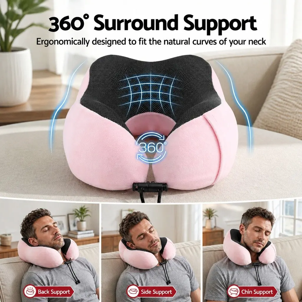 Memory Foam Travel Neck Pillow Portable Pink 27 x 27 x 13 cm