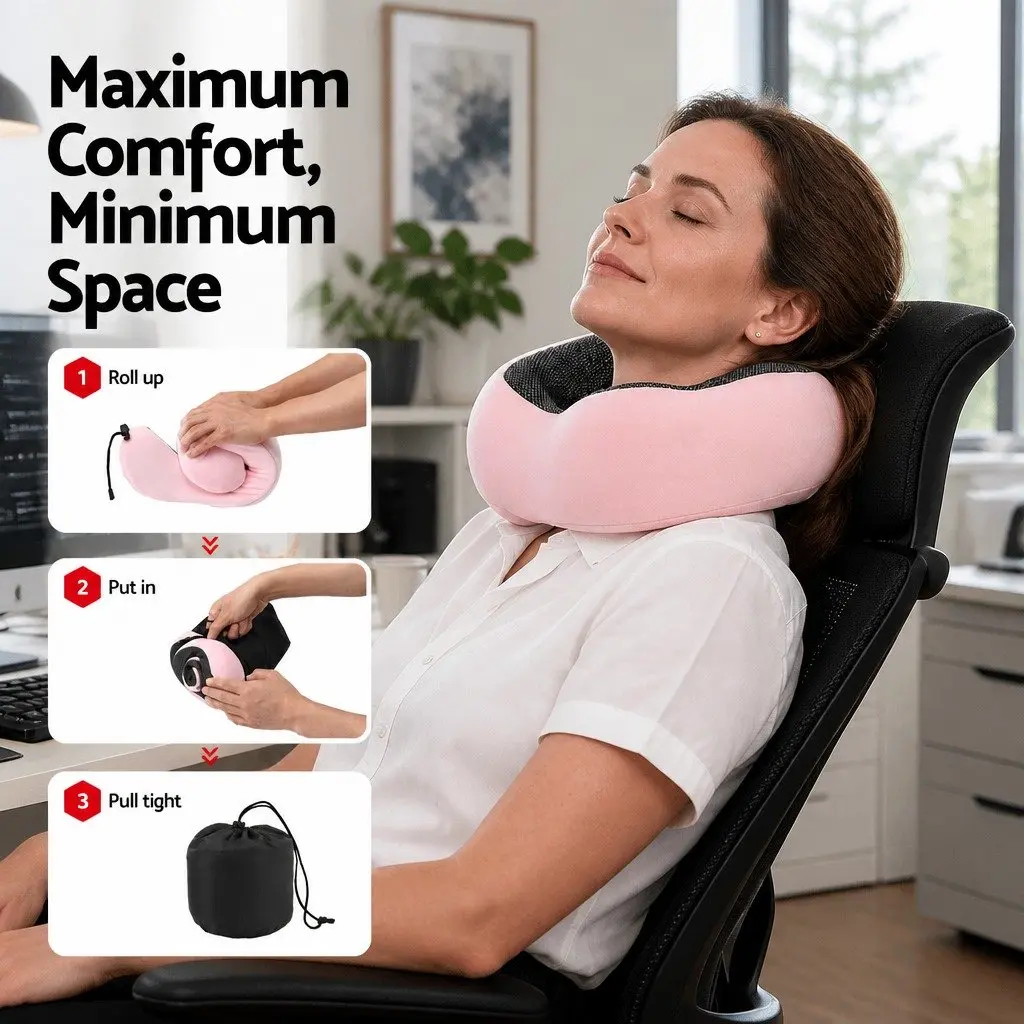 Memory Foam Travel Neck Pillow Portable Pink 27 x 27 x 13 cm