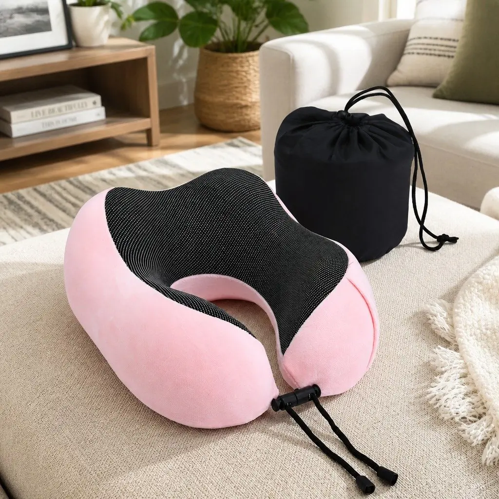 Memory Foam Travel Neck Pillow Portable Pink 27 x 27 x 13 cm