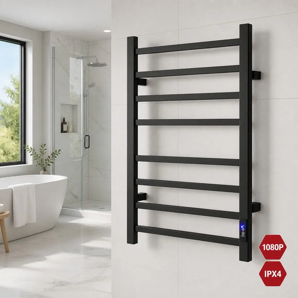 Heated Towel Rail Electric Warmer Rack 8 Square Bars Wall Mounted Black