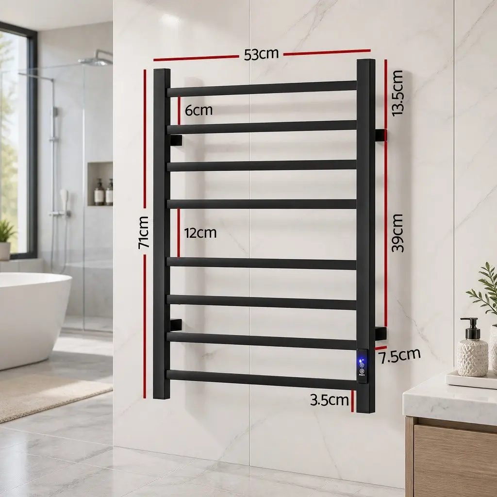 Heated Towel Rail Electric Warmer Rack 8 Square Bars Wall Mounted Black