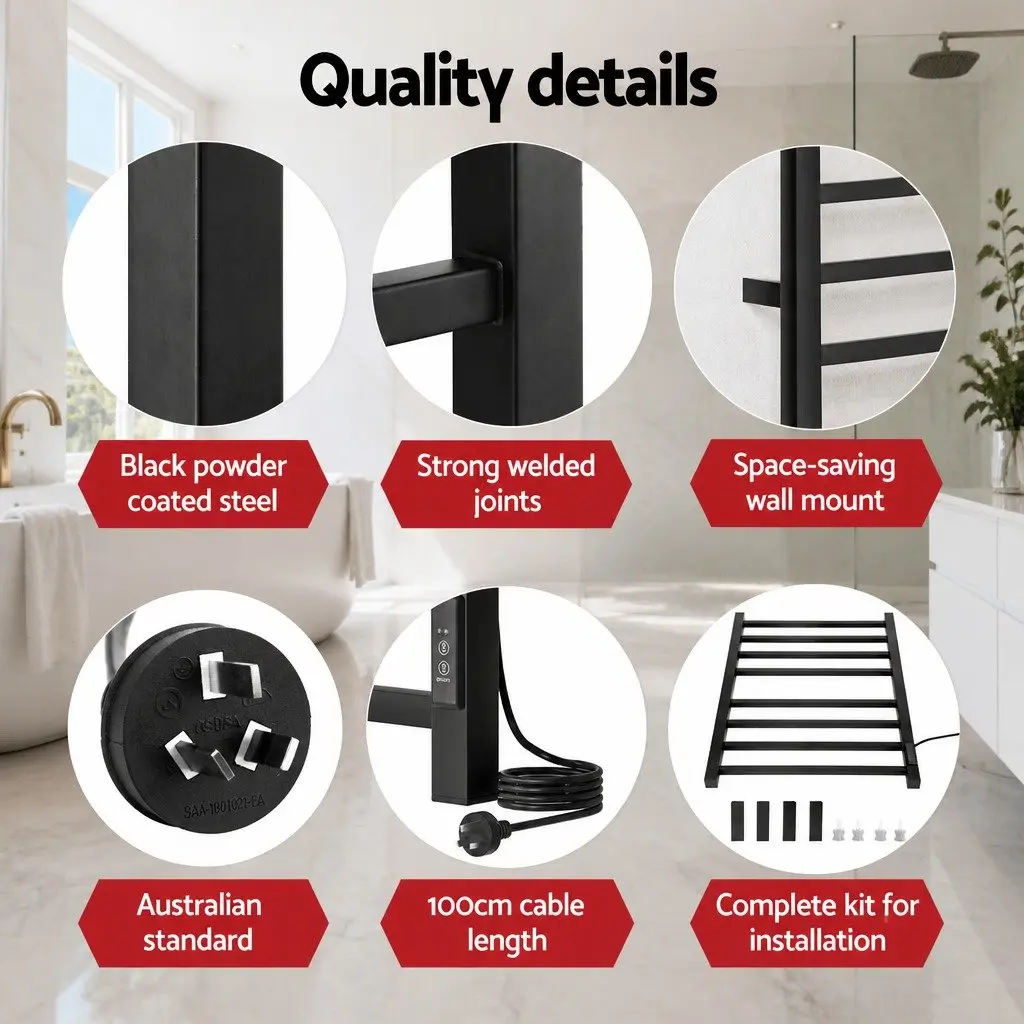Heated Towel Rail Electric Warmer Rack 8 Square Bars Wall Mounted Black