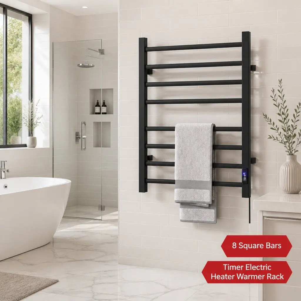 Heated Towel Rail Electric Warmer Rack 8 Square Bars Wall Mounted Black