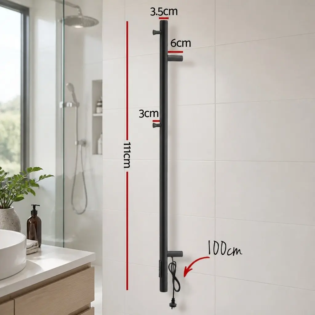 Heated Towel Rail Electric Warmer Rack Vertical Single Bar Bathroom Black
