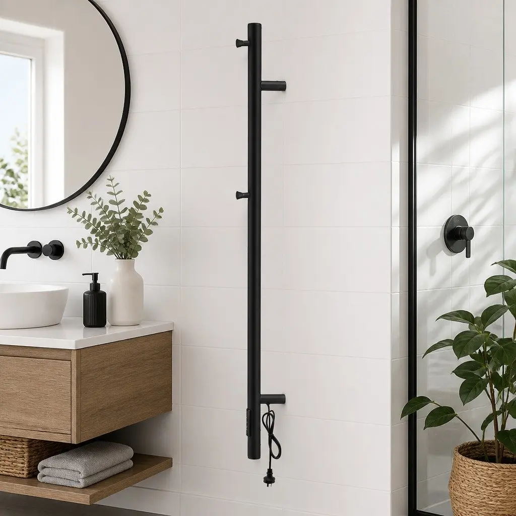 Heated Towel Rail Electric Warmer Rack Vertical Single Bar Bathroom Black