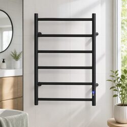 Heated Towel Rail 6 Round Bars Electric Warmer Rack with Timer Black
