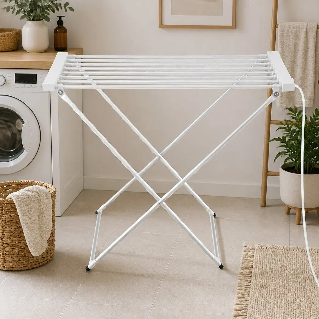 Heated Towel Rail Electric Clothes Airer 8 Bars Foldable Silver