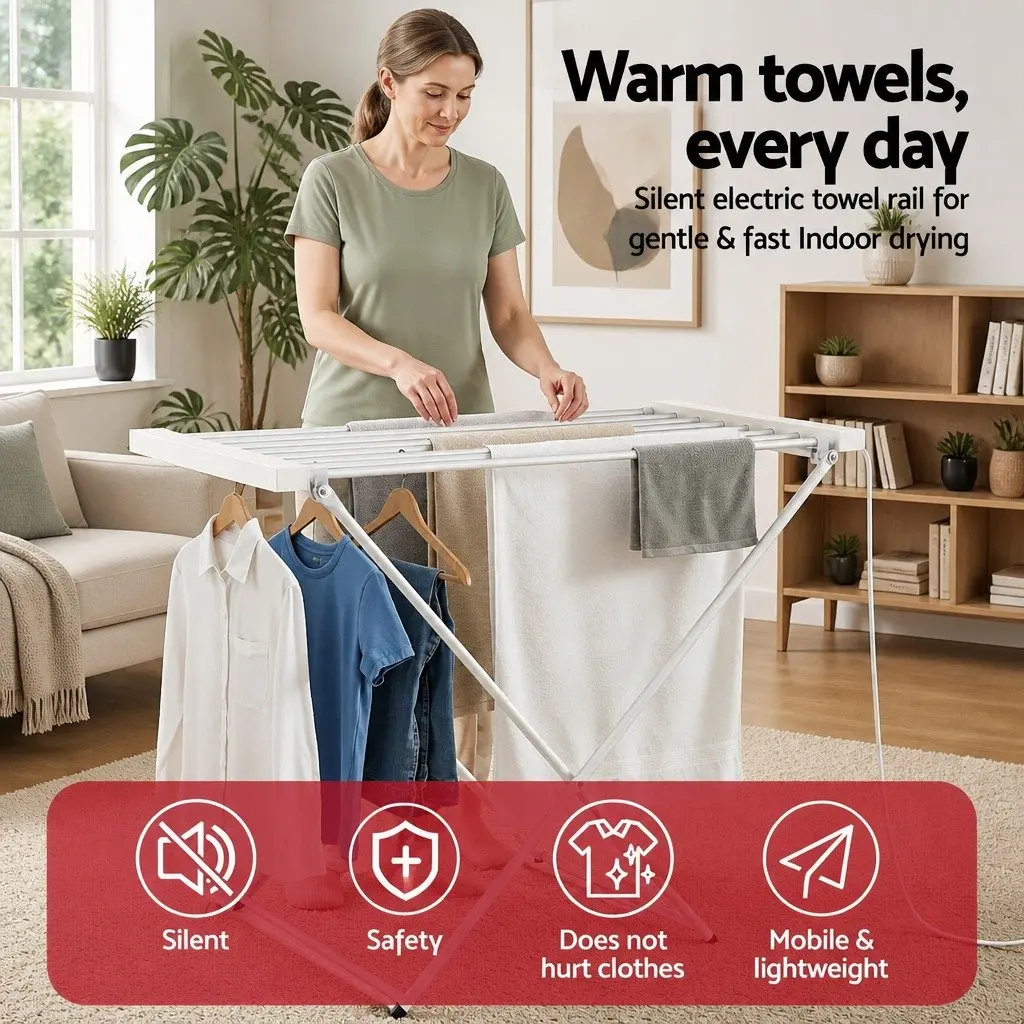 Heated Towel Rail Electric Clothes Airer 8 Bars Foldable Silver