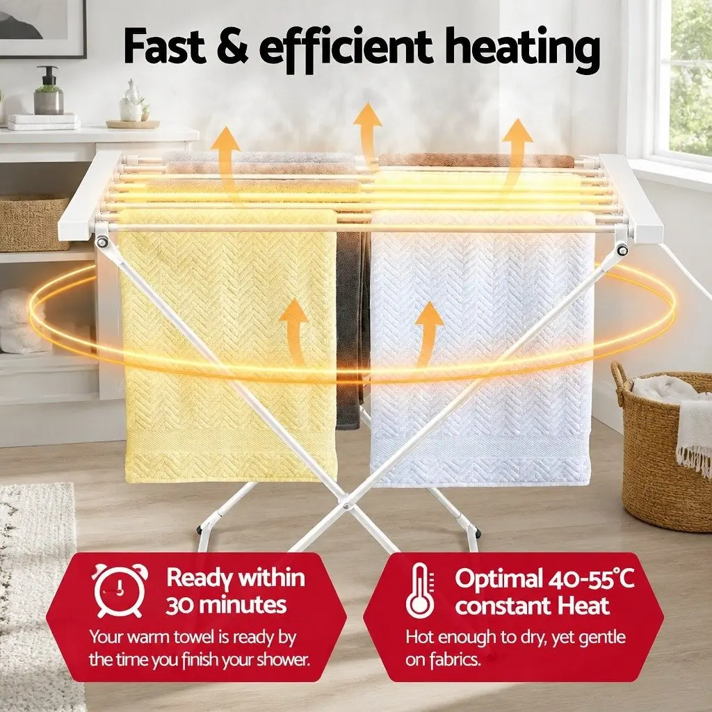 Heated Towel Rail Electric Clothes Airer 8 Bars Foldable Silver
