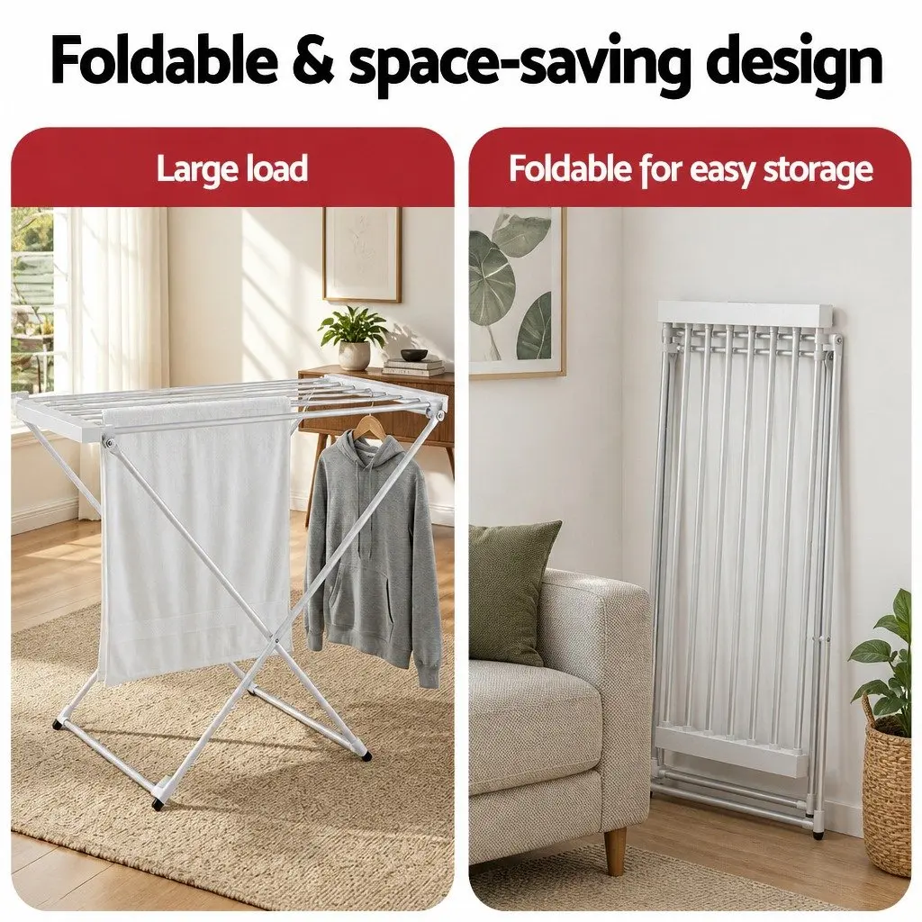 Heated Towel Rail Electric Clothes Airer 8 Bars Foldable Silver