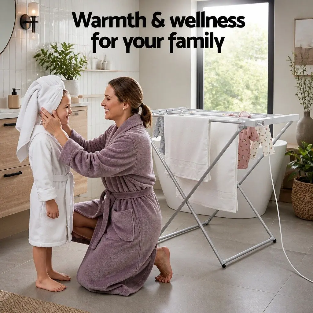 Heated Towel Rail Electric Clothes Airer 8 Bars Foldable Silver