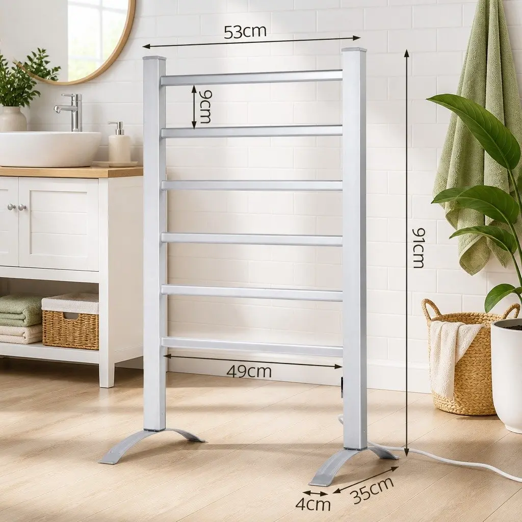 Electric Heated Towel Rail Rack 6 Bars Freestanding Clothes Warmer Silver