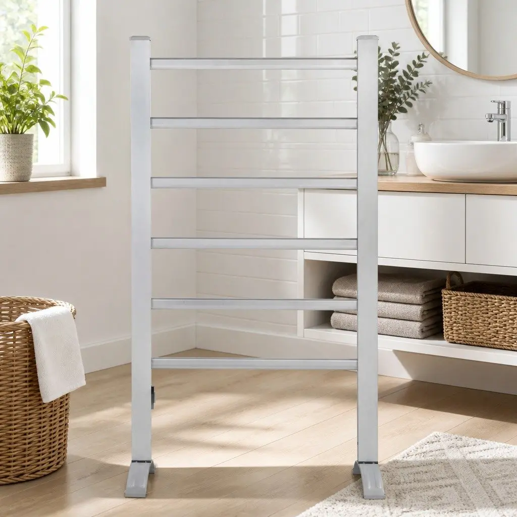 Electric Heated Towel Rail Rack 6 Bars Freestanding Clothes Warmer Silver