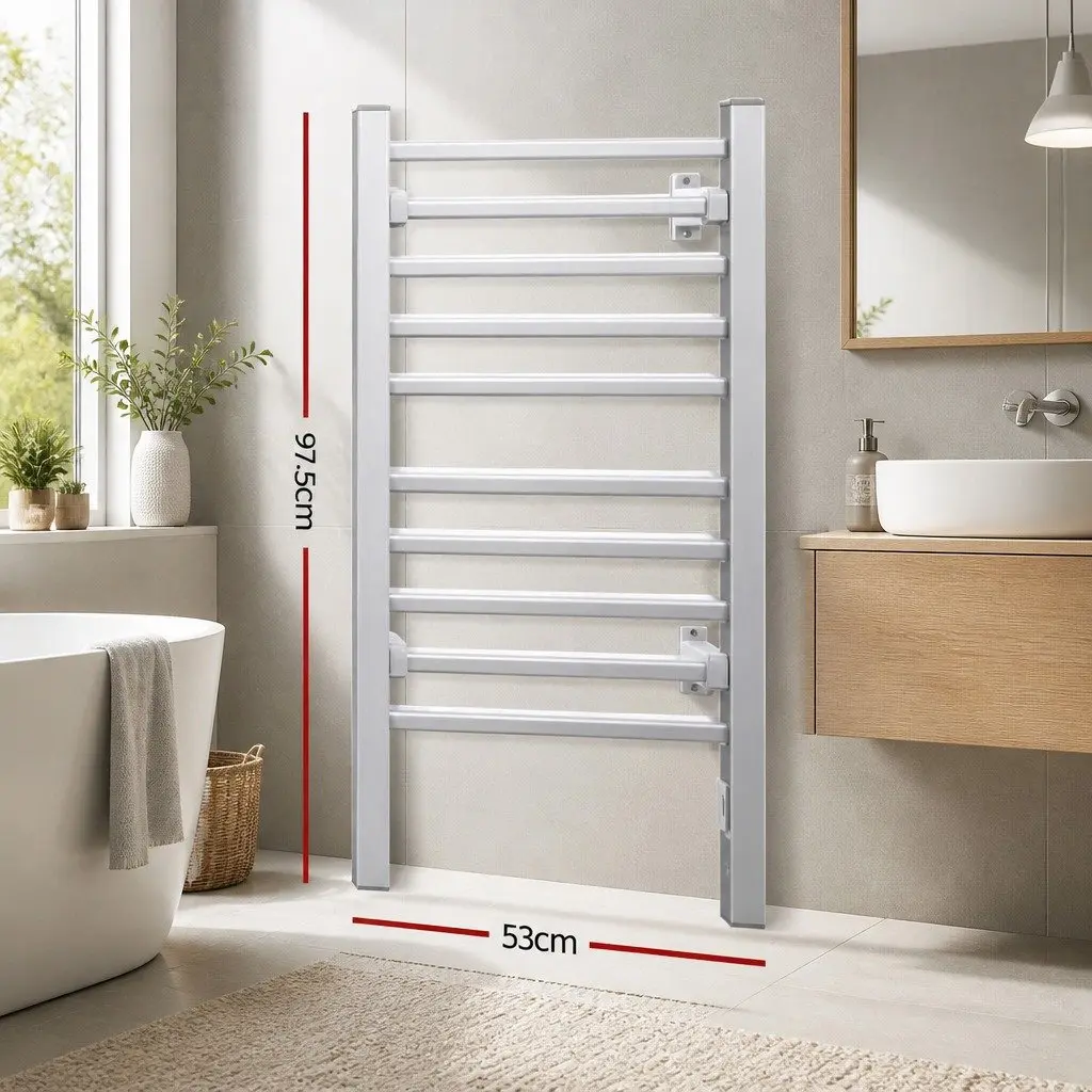 Electric Heated Towel Rail 10 Bars Warmer Freestanding Silver
