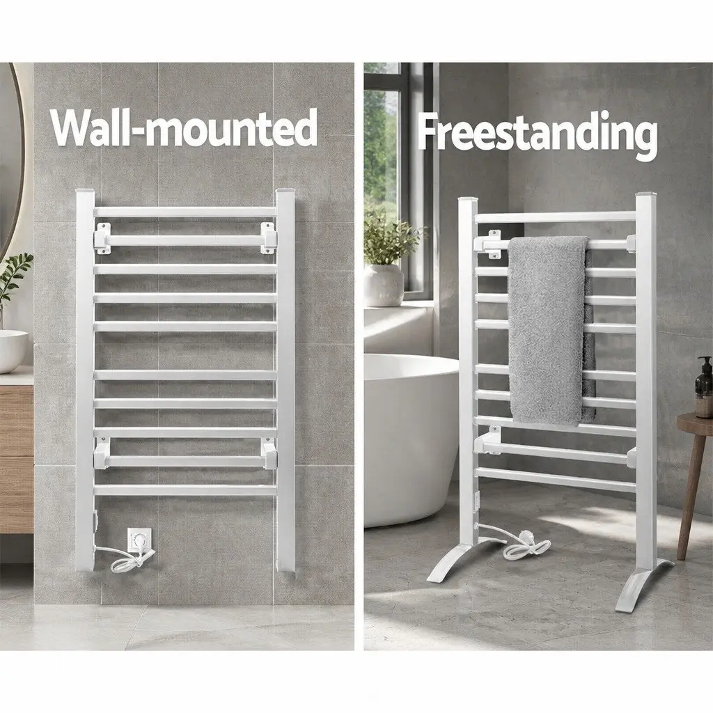 Electric Heated Towel Rail 10 Bars Warmer Freestanding Silver