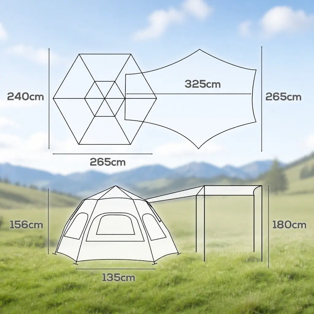 Pop Up Camping Tent 3-4 Person Outdoor Shelter Quick Setup Awning Beige
