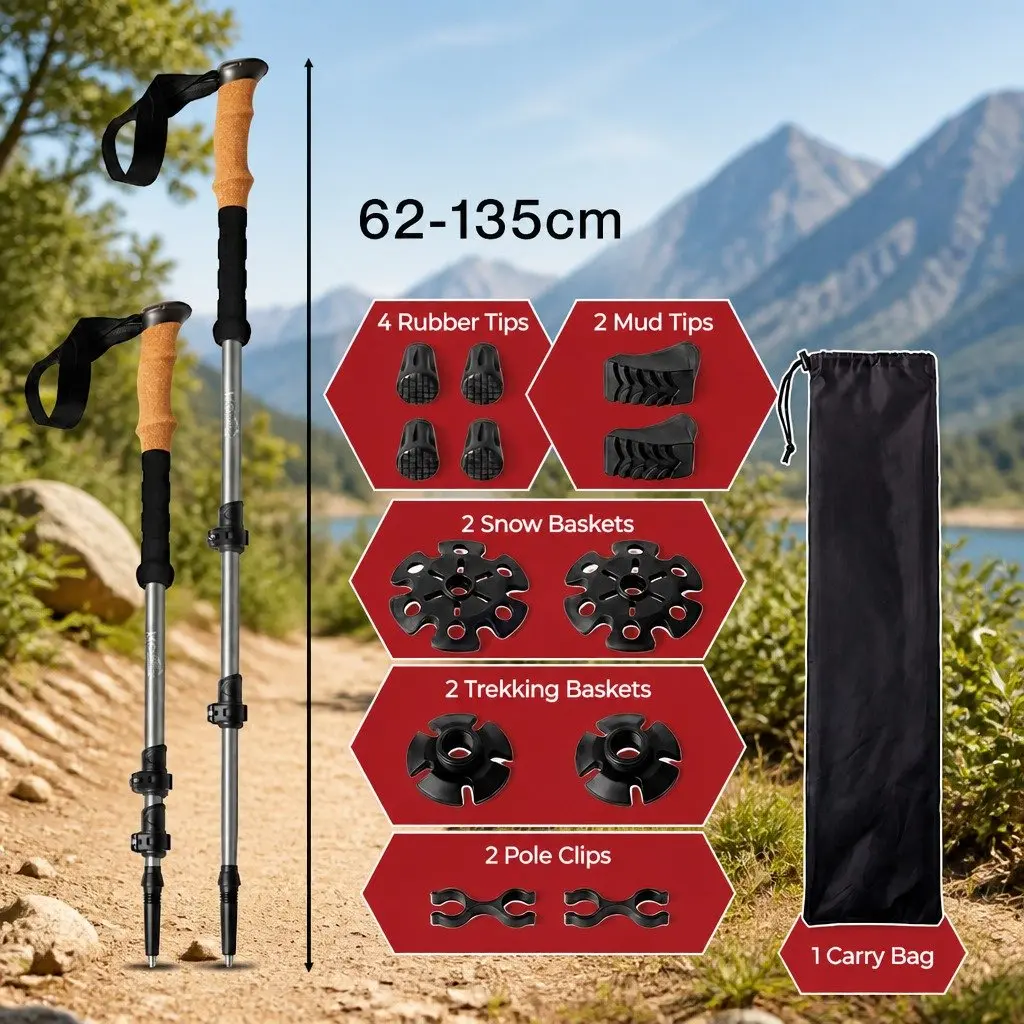 Trekking Poles Adjustable Lightweight Collapsible 62-135cm Grey 2 Piece