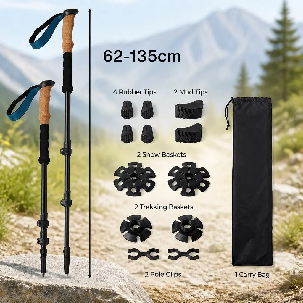 Trekking Poles Walking Sticks Adjustable 62-135cm Lightweight Black Hiking Outdoor