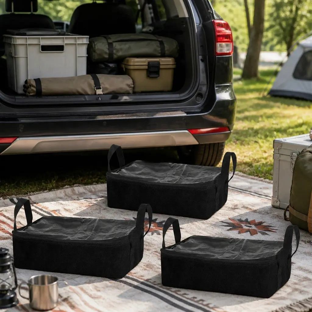 Canvas Storage Bag Heavy Duty Camping Duffle 405mm x 250mm x 150mm Black 3 Piece