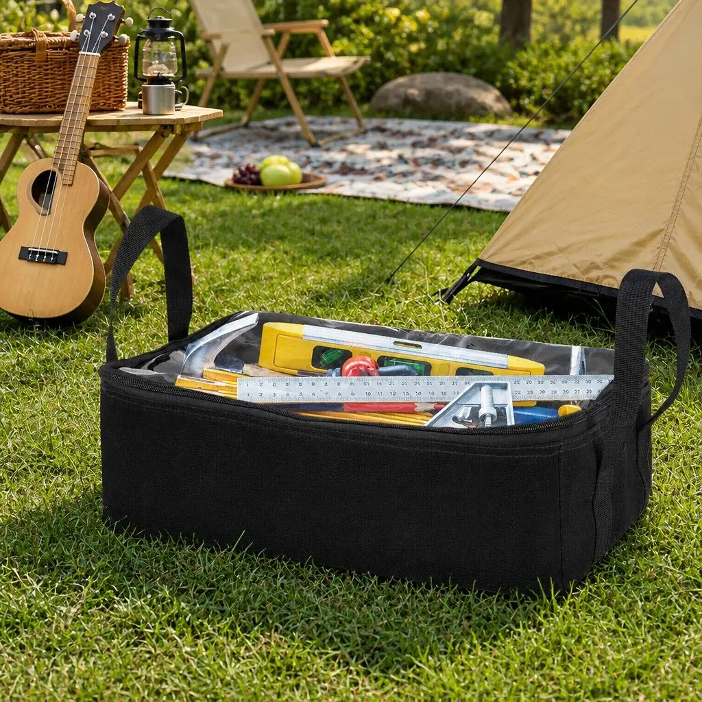 Canvas Storage Bag Heavy Duty Camping Duffle 405mm x 250mm x 150mm Black 3 Piece