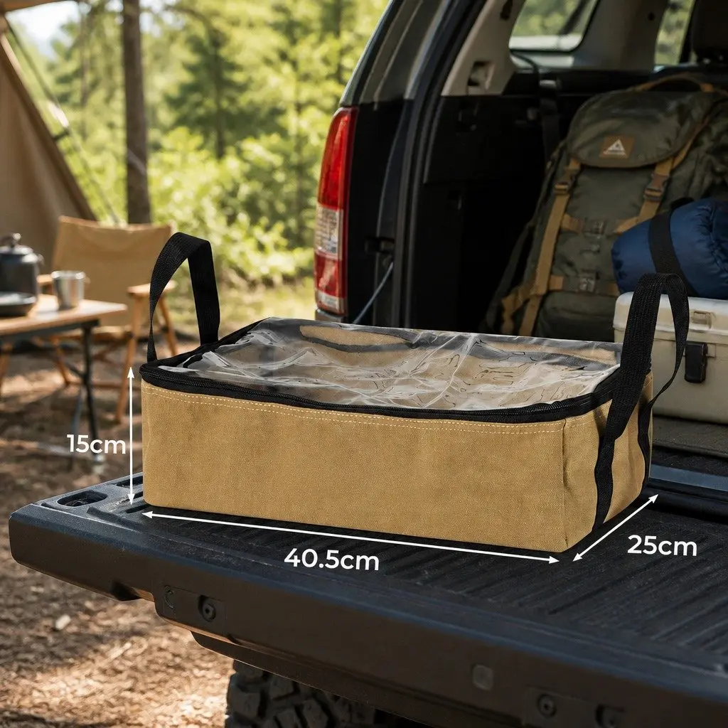 Canvas Storage Bag 3 Piece Camping Heavy Duty Khaki Organiser Clear Top Zipper
