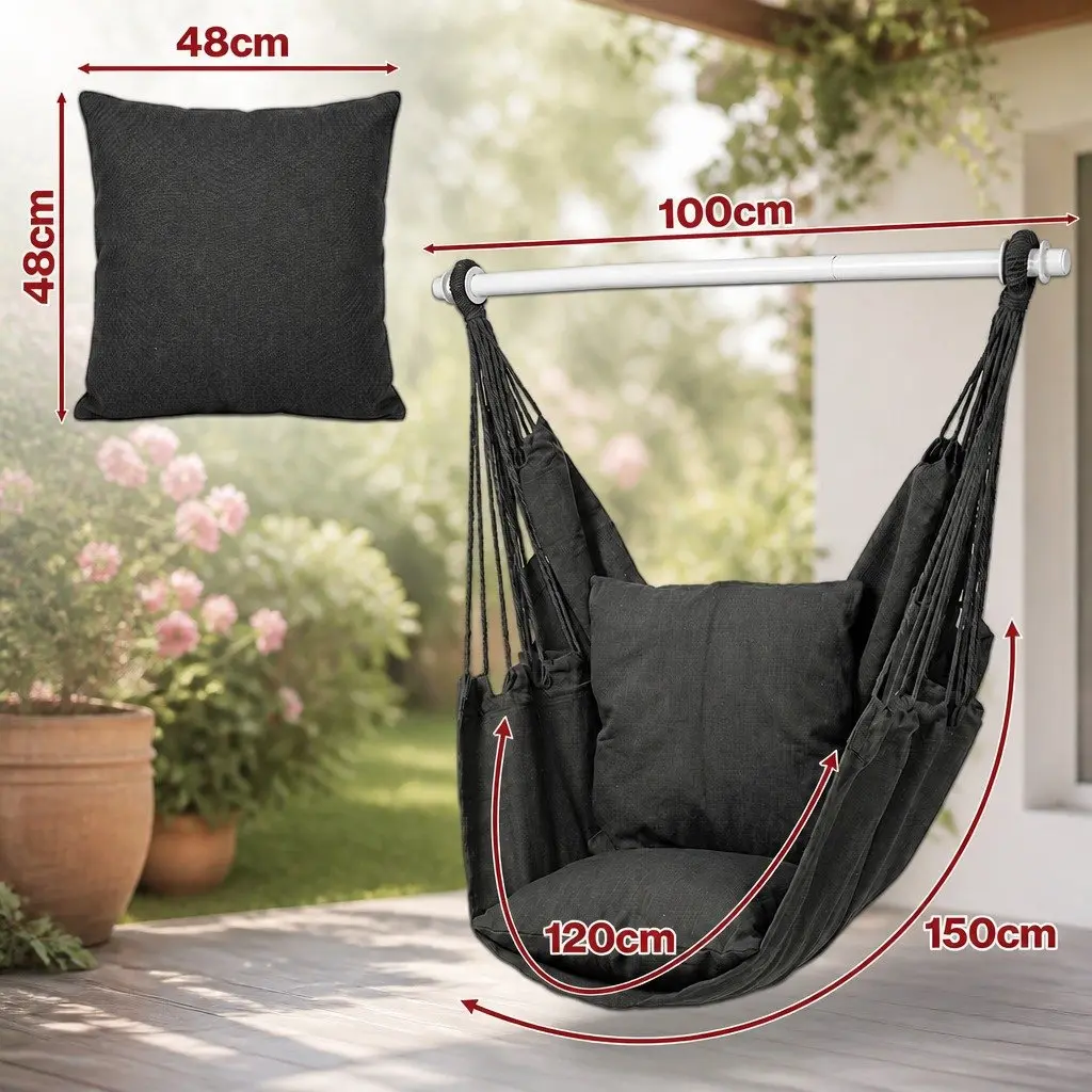Hammock Chair Hanging Swing Seat Indoor Outdoor Relaxation 100cm x 120cm Grey with 2 Cushions