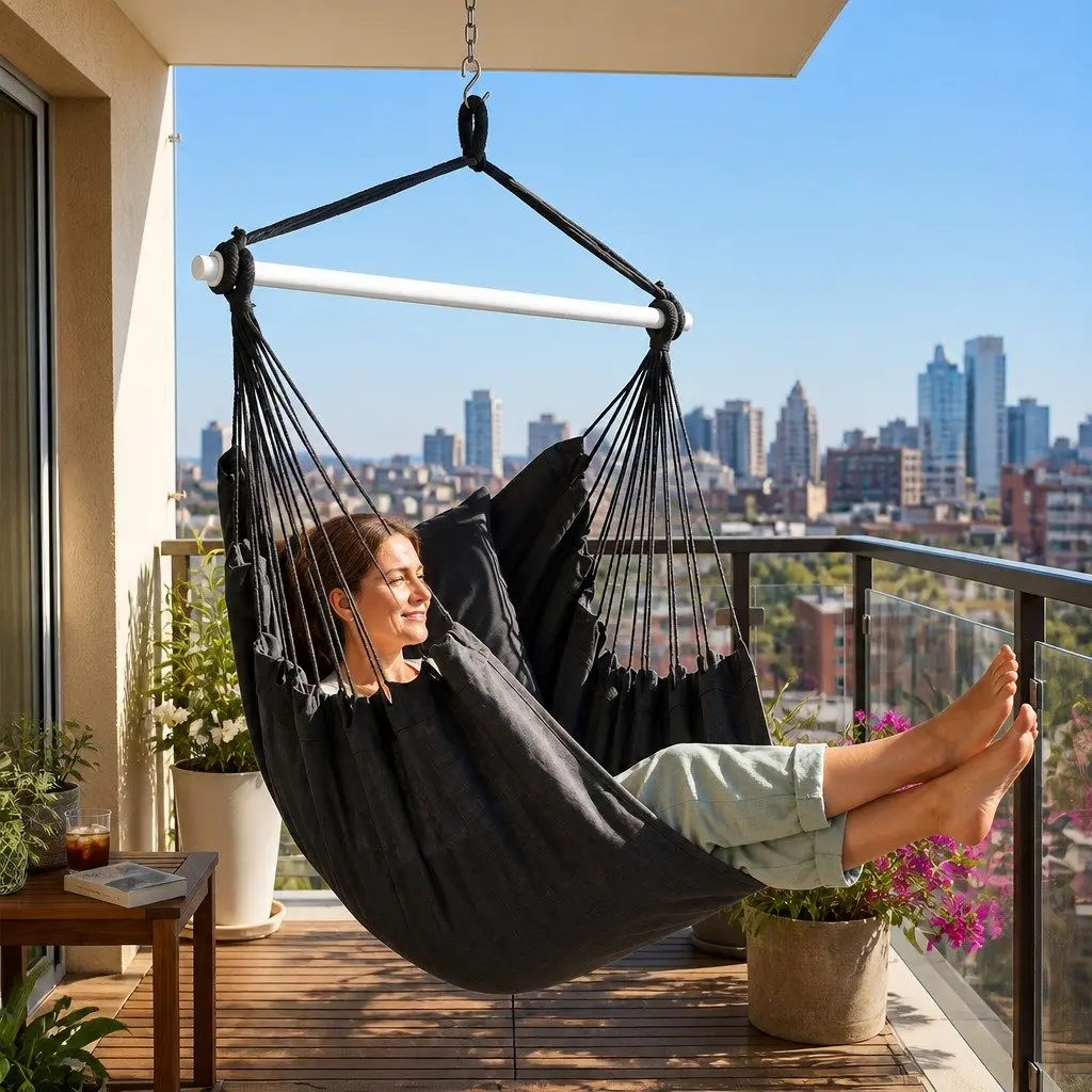 Hammock Chair Hanging Swing Seat Indoor Outdoor Relaxation 100cm x 120cm Grey with 2 Cushions