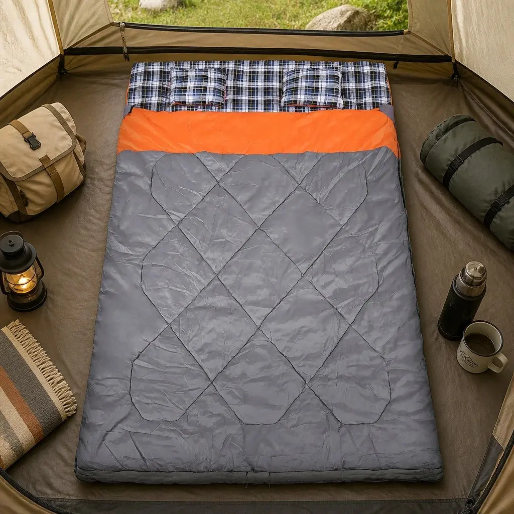 Double Sleeping Bag Convertible Two Bags Camping Outdoor Warm Flannel Grey