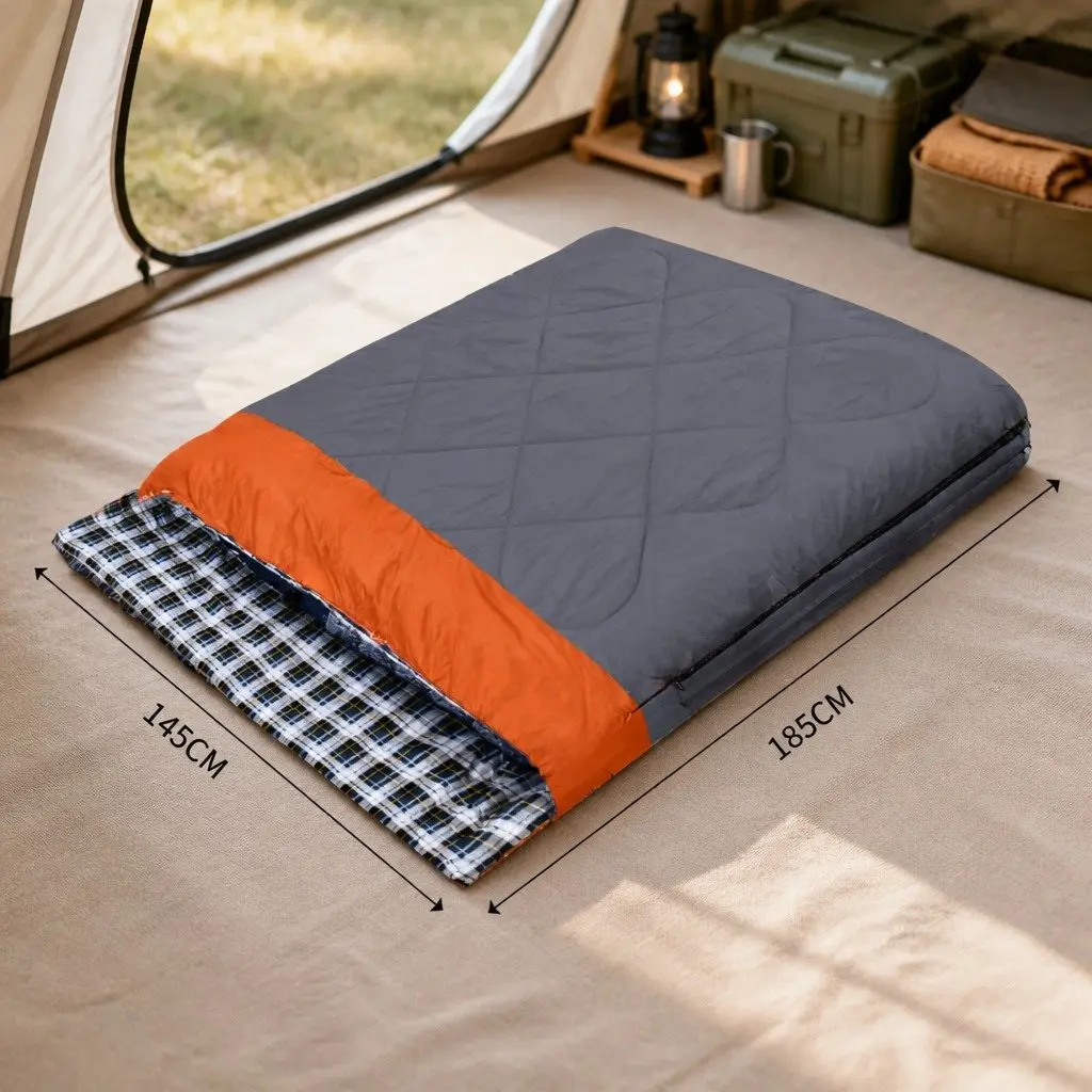 Double Sleeping Bag Convertible Two Bags Camping Outdoor Warm Flannel Grey