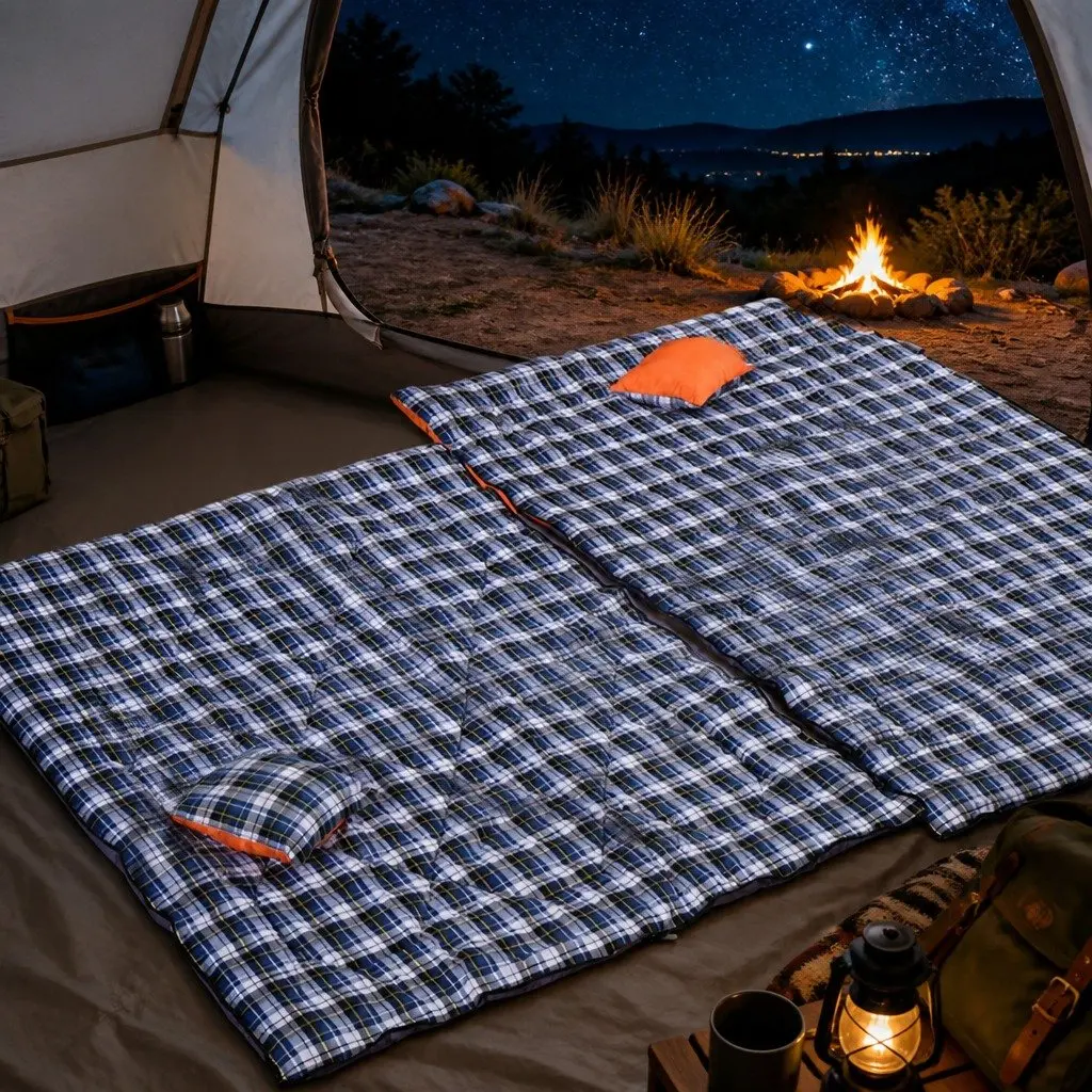 Double Sleeping Bag Convertible Two Bags Camping Outdoor Warm Flannel Grey
