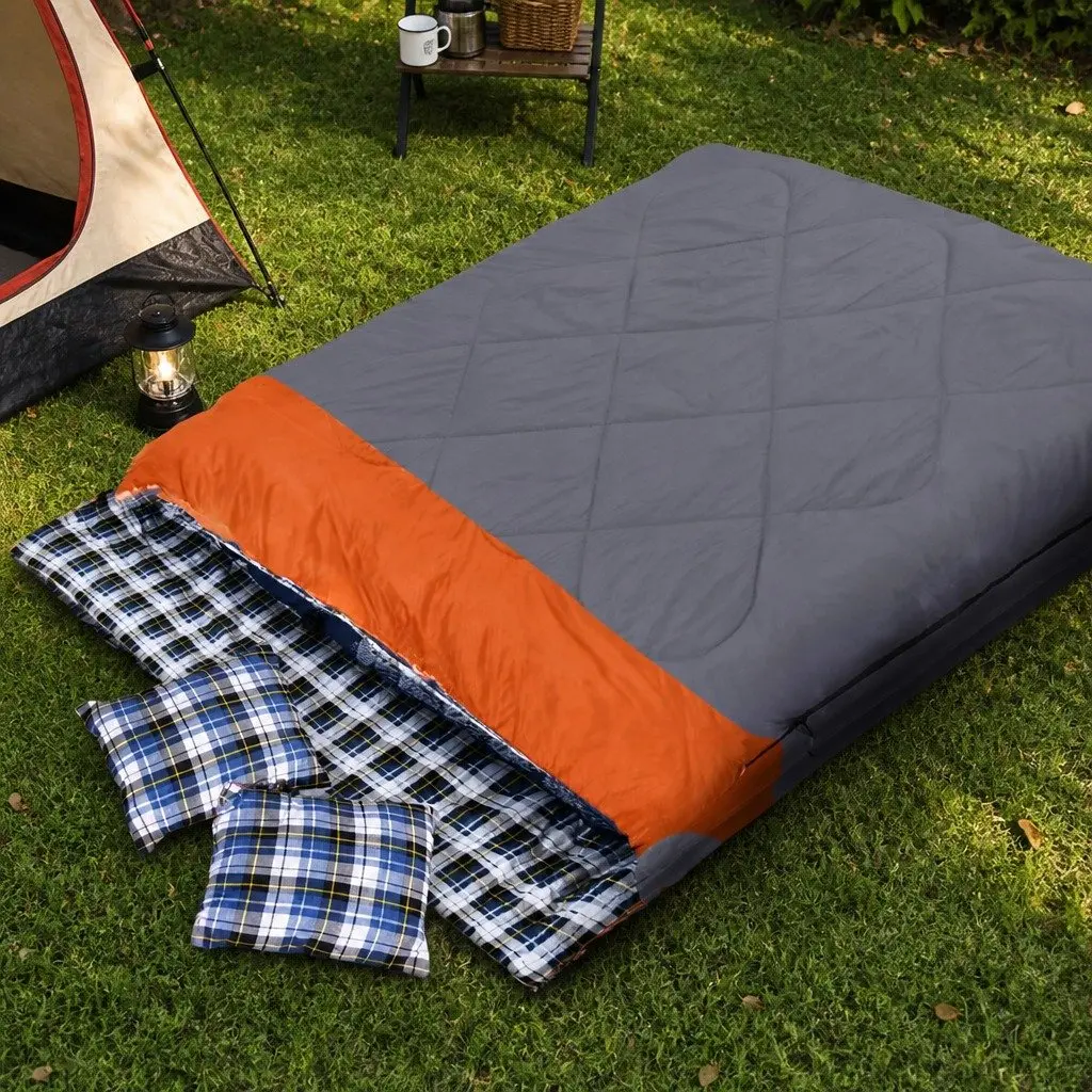 Double Sleeping Bag Convertible Two Bags Camping Outdoor Warm Flannel Grey