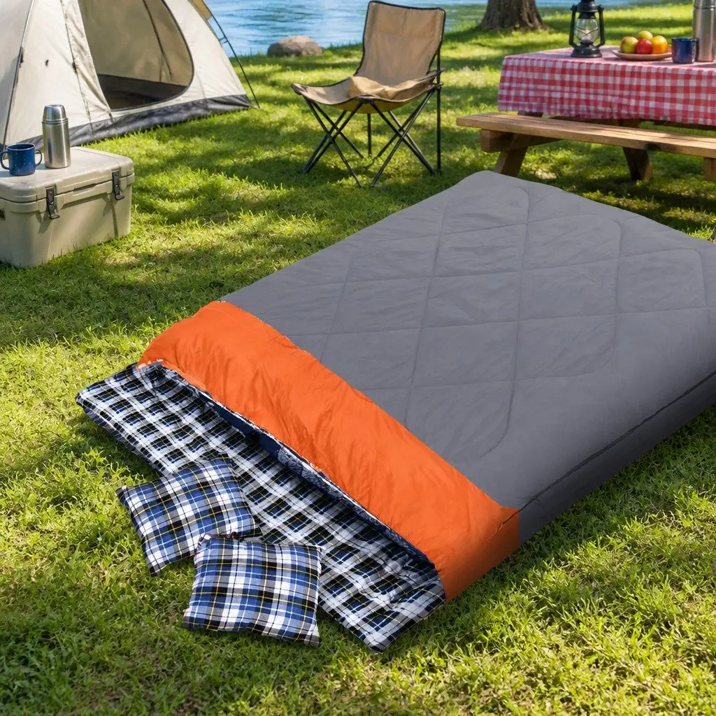 Double Sleeping Bag Convertible Two Bags Camping Outdoor Warm Flannel Grey