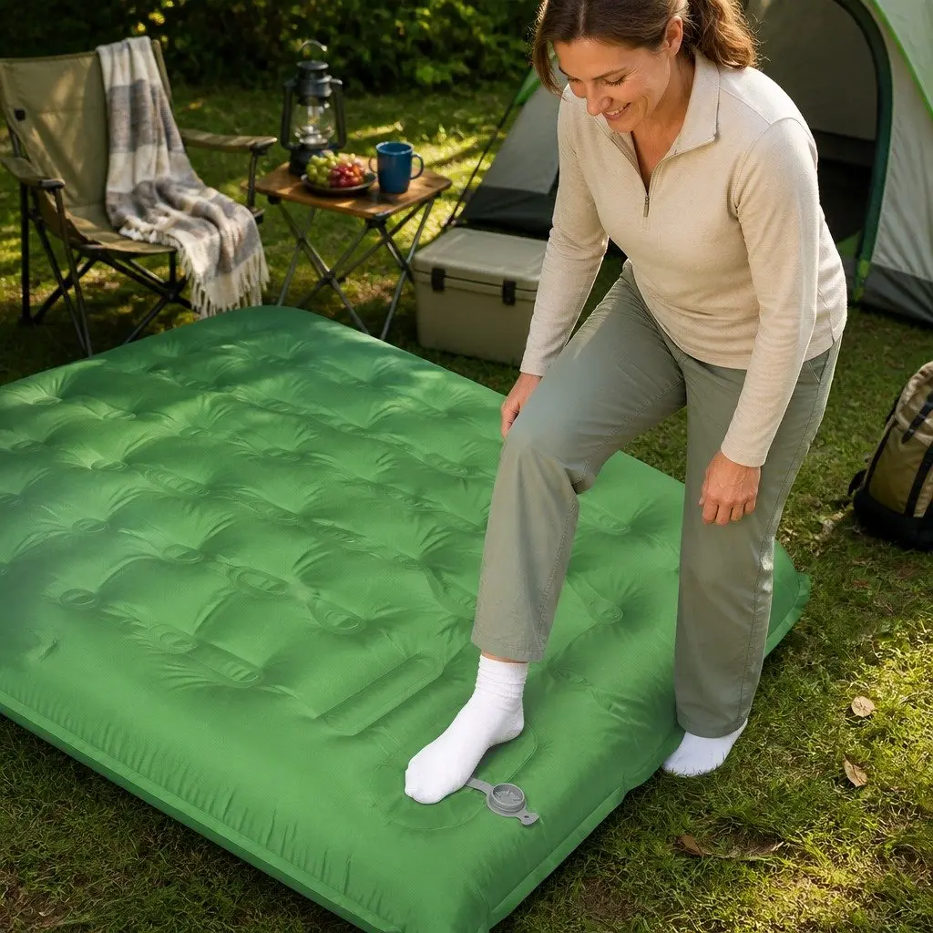 Camping Air Mattress Self Inflating Double with Foot Pump 195cm x 132cm Green