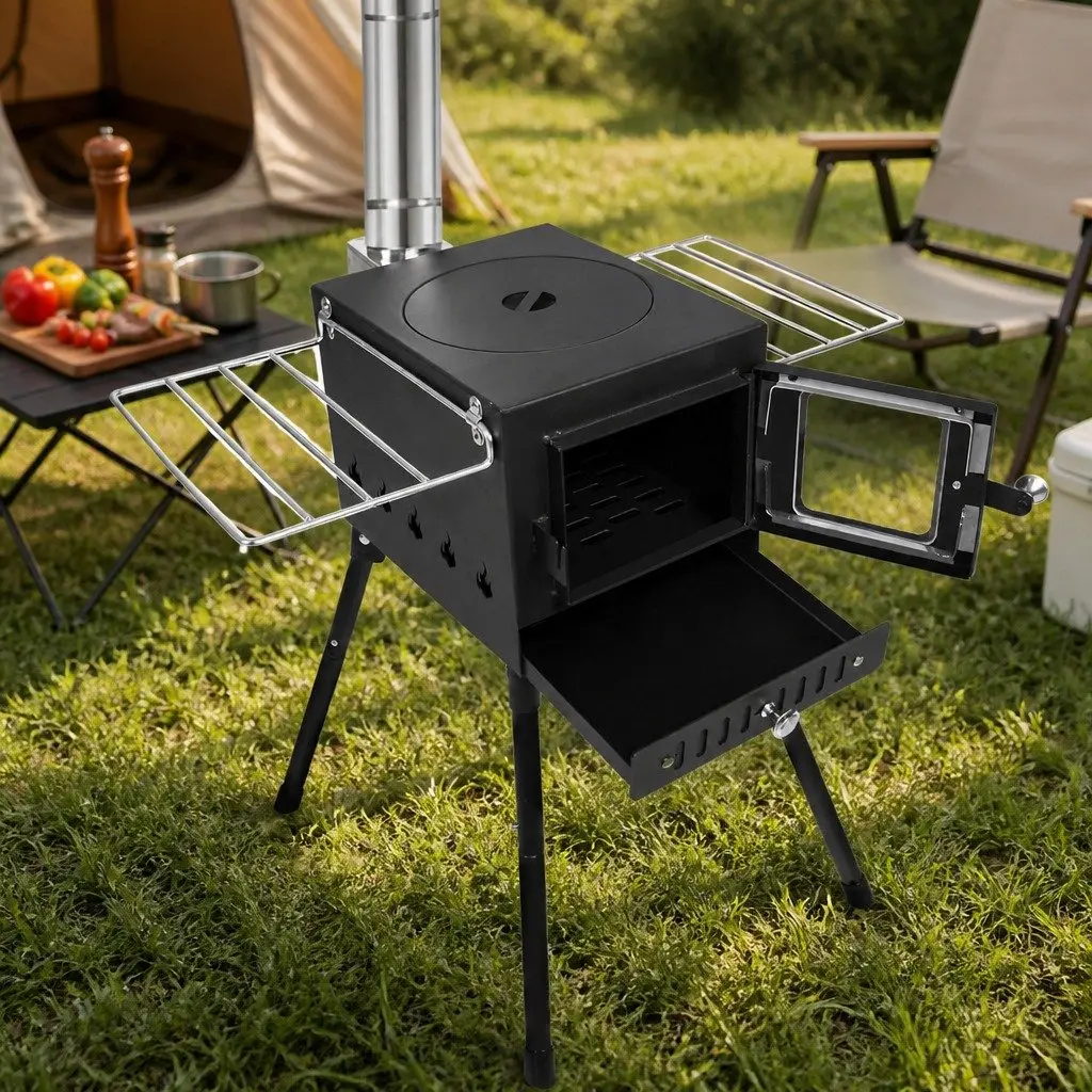 Portable Camping Oven Charcoal Wood Burning Grill 55cm x 42cm x 54cm Black