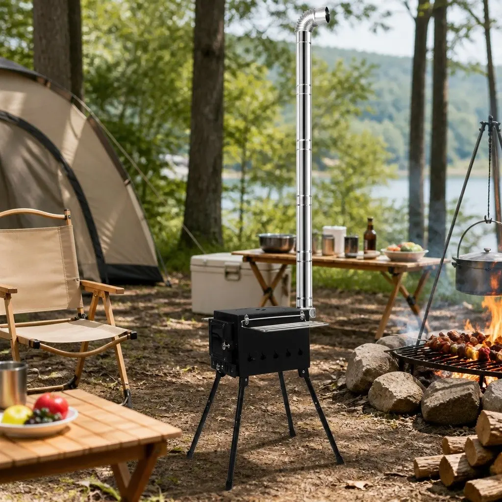 Portable Camping Oven Charcoal Wood Burning Grill 55cm x 42cm x 54cm Black