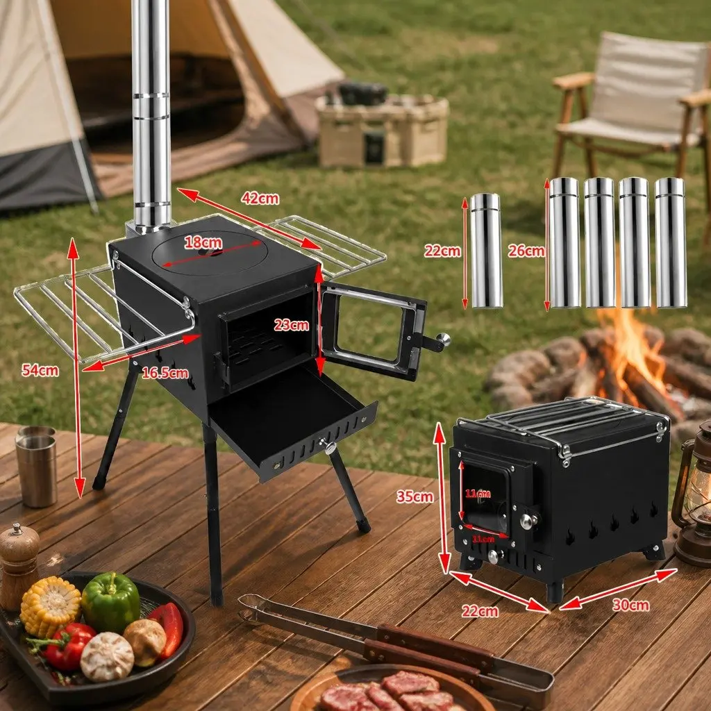 Portable Camping Oven Charcoal Wood Burning Grill 55cm x 42cm x 54cm Black