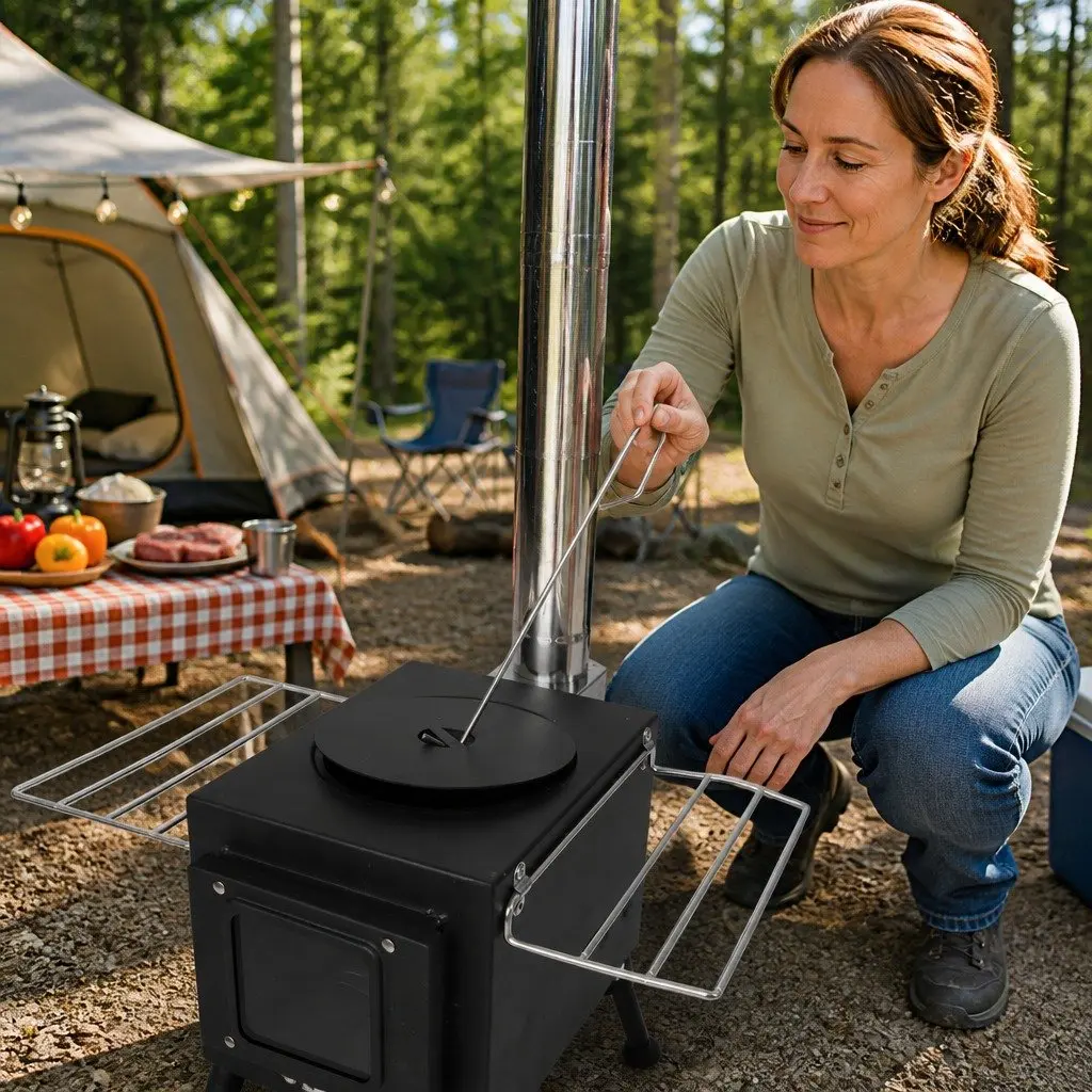 Portable Camping Oven Charcoal Wood Burning Grill 55cm x 42cm x 54cm Black