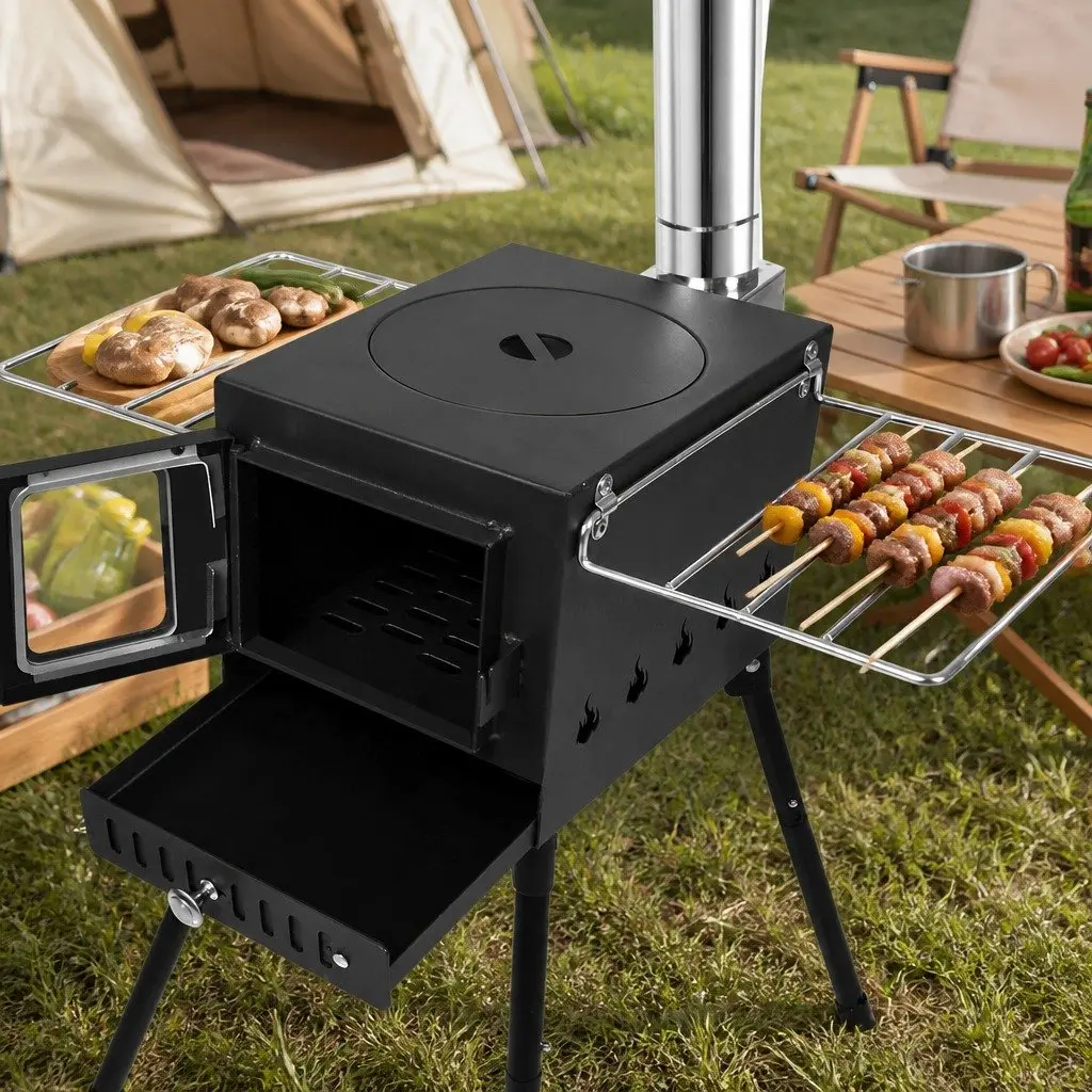 Portable Camping Oven Charcoal Wood Burning Grill 55cm x 42cm x 54cm Black