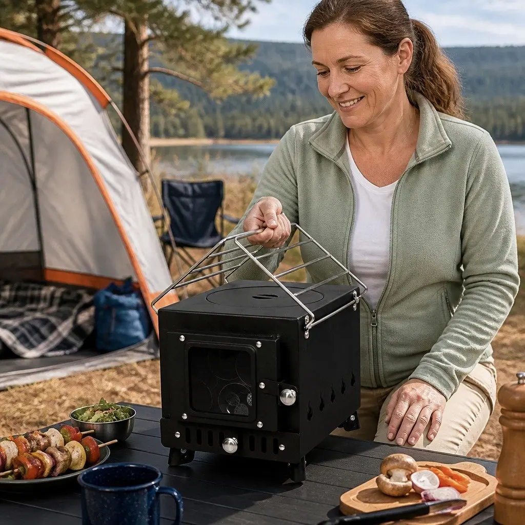 Portable Camping Oven Charcoal Wood Burning Grill 55cm x 42cm x 54cm Black