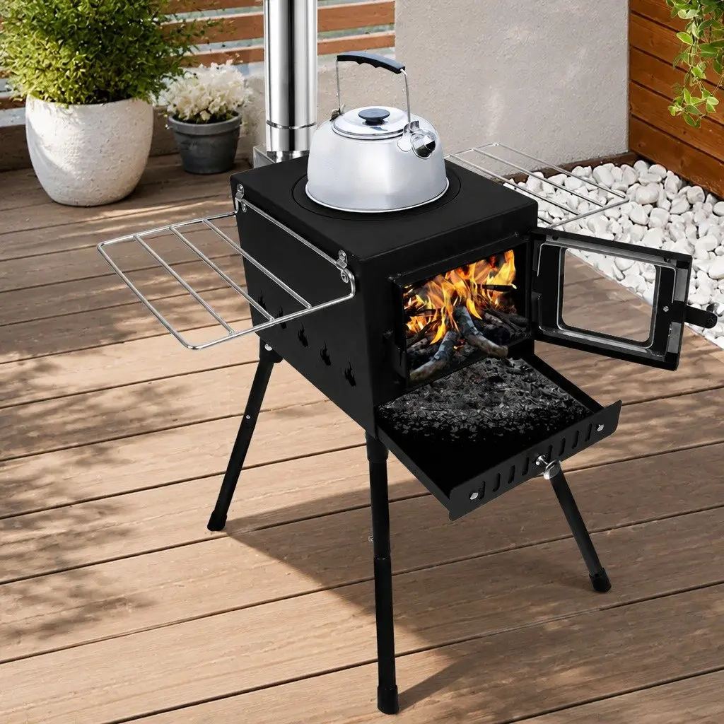 Portable Camping Oven Charcoal Wood Burning Grill 55cm x 42cm x 54cm Black