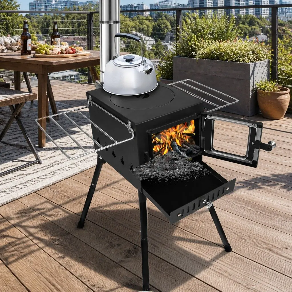 Portable Camping Oven Charcoal Wood Burning Grill 55cm x 42cm x 54cm Black