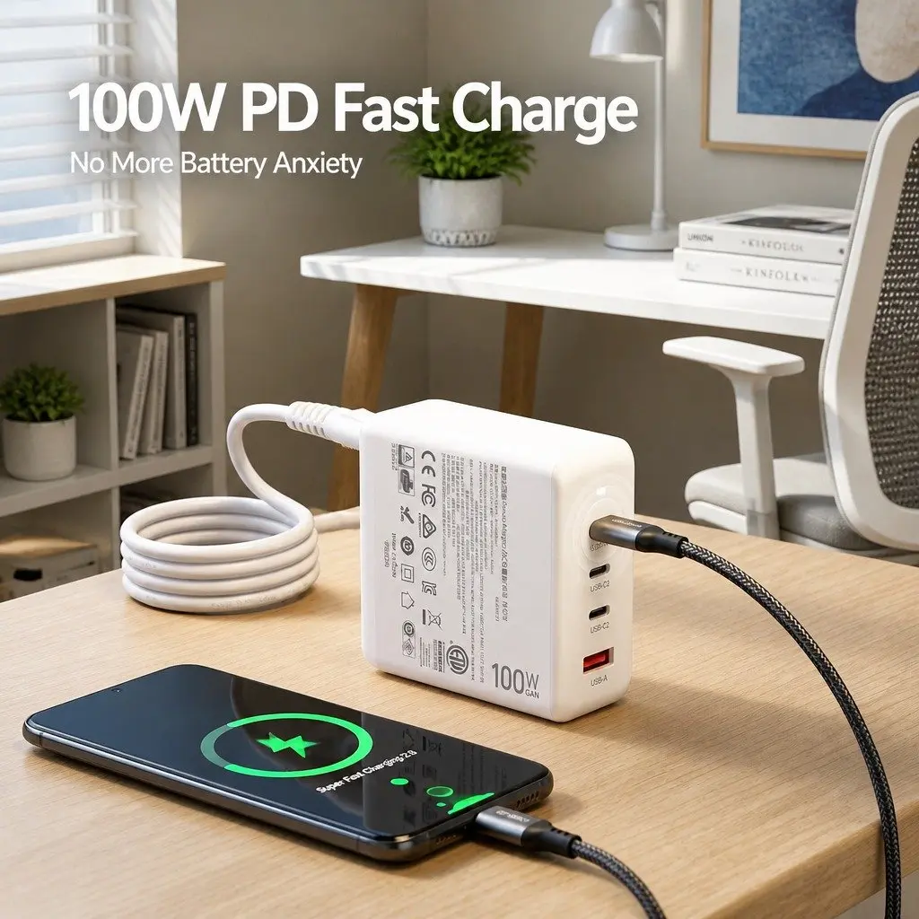 USB C Charger 100W Fast Charging Station 4 Port Desktop Power Adapter White