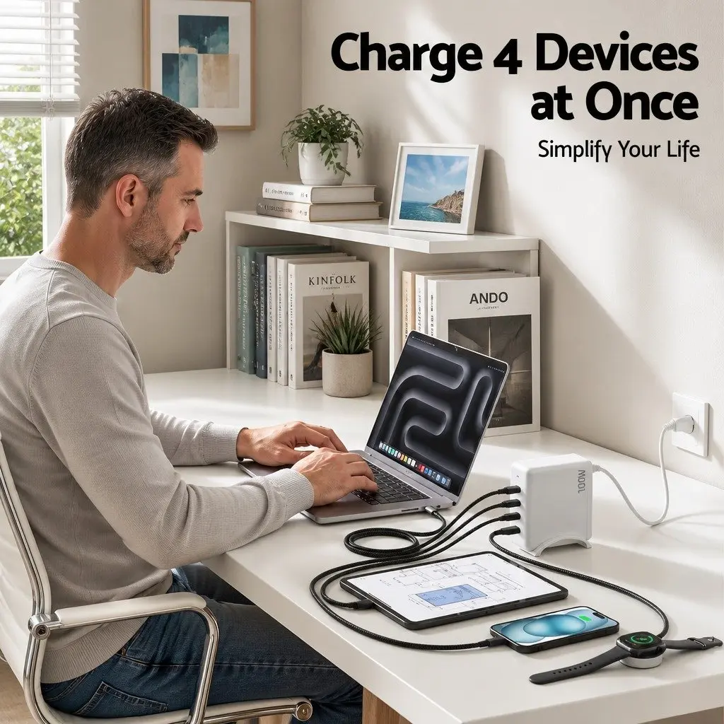 USB C Charger 100W Fast Charging Station 4 Port Desktop Power Adapter White