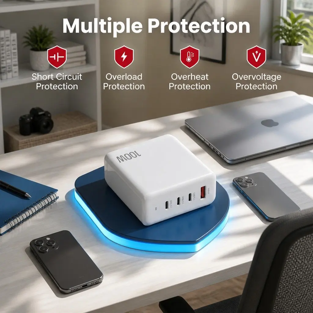 USB C Charger 100W Fast Charging Station 4 Port Desktop Power Adapter White