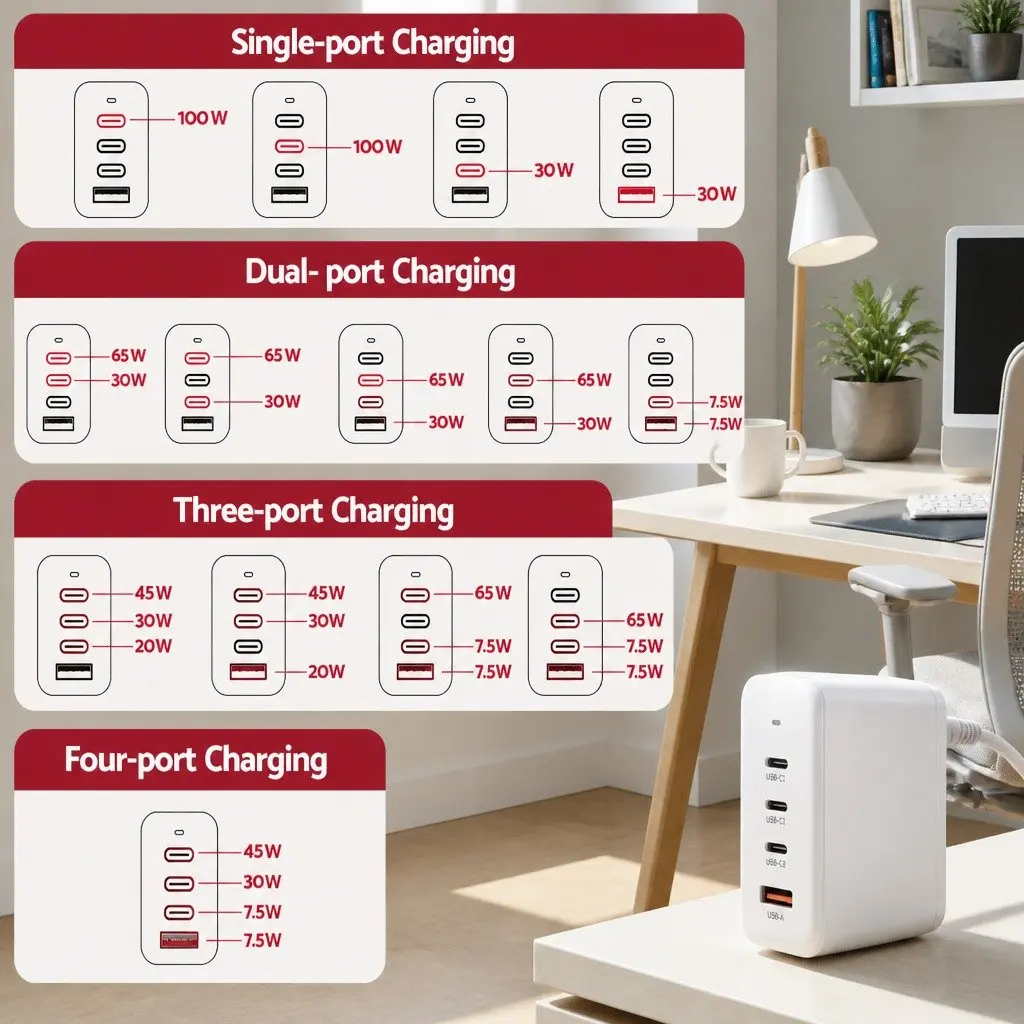 USB C Charger 100W Fast Charging Station 4 Port Desktop Power Adapter White