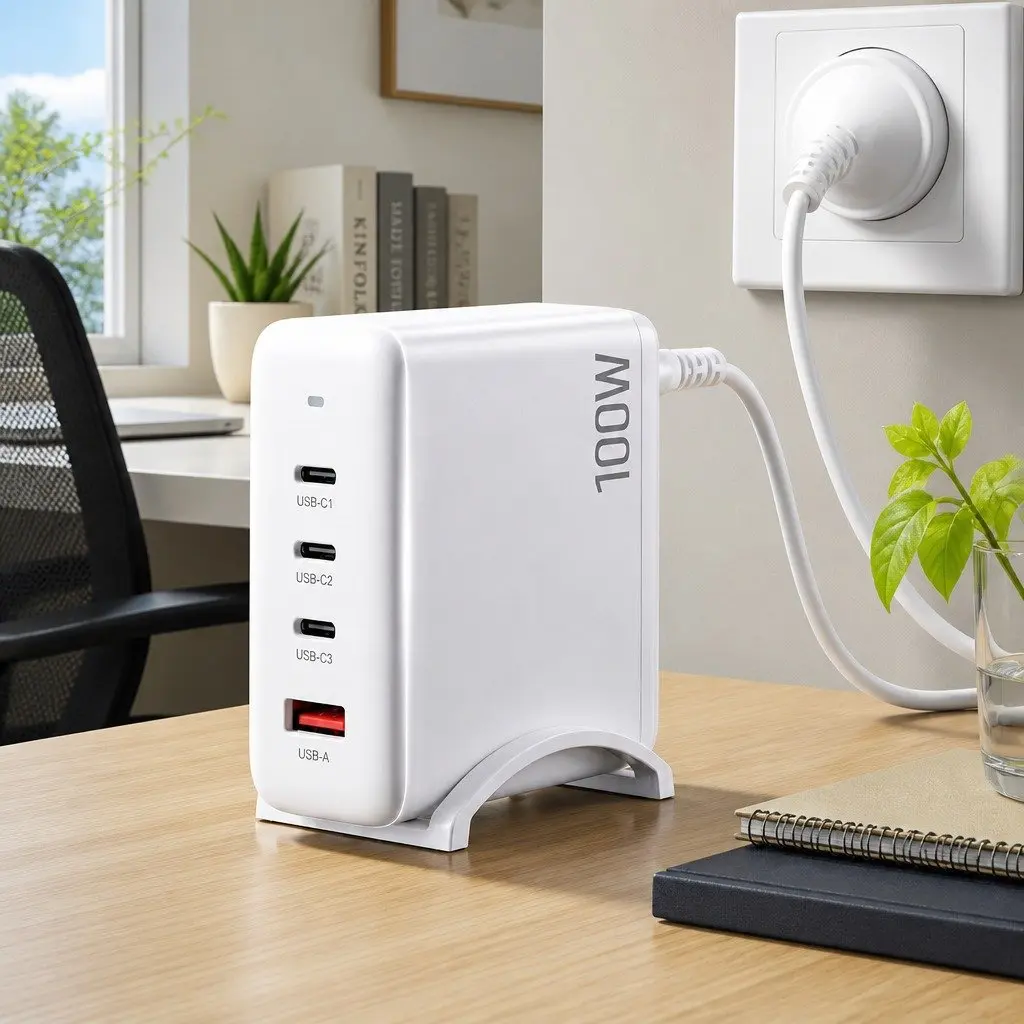 USB C Charger 100W Fast Charging Station 4 Port Desktop Power Adapter White