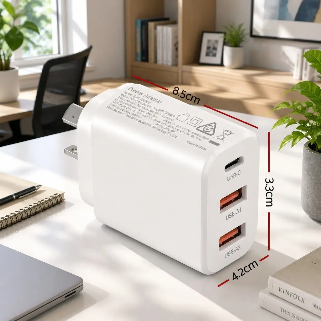 30W USB C Wall Charger 3 Port Fast Charging Adapter Compact Australian Plug White